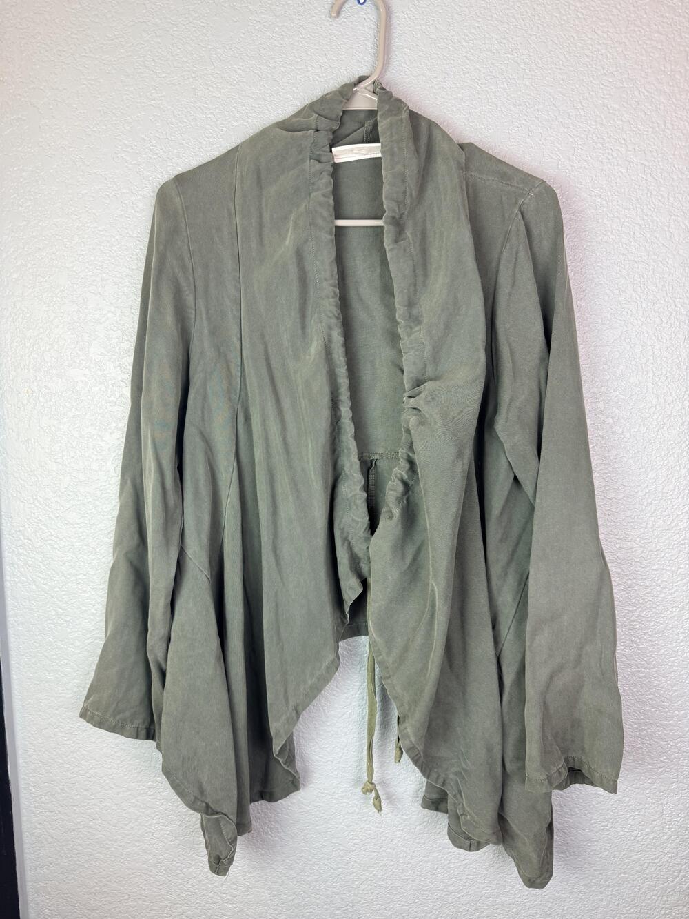 Bryn Walker Jacket Womens Small Green Tencel Open Front Tie Neck Drape Cardigan